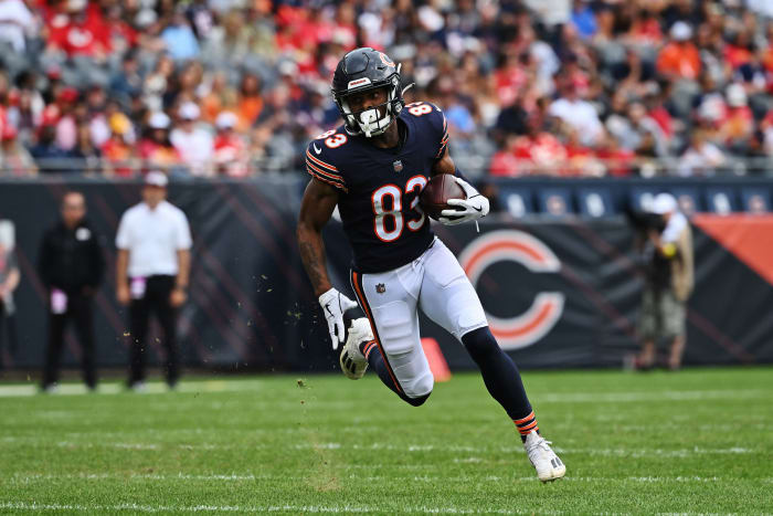 Aug 13, 2022; Chicago, Illinois, USA; Chicago Bears wide receiver Dazz Newsome (83) carries the ball against the Kansas City Chiefs at Soldier Field. Chicago defeated Kansas City 19-14. Mandatory Credit: Jamie Sabau-USA TODAY Sports